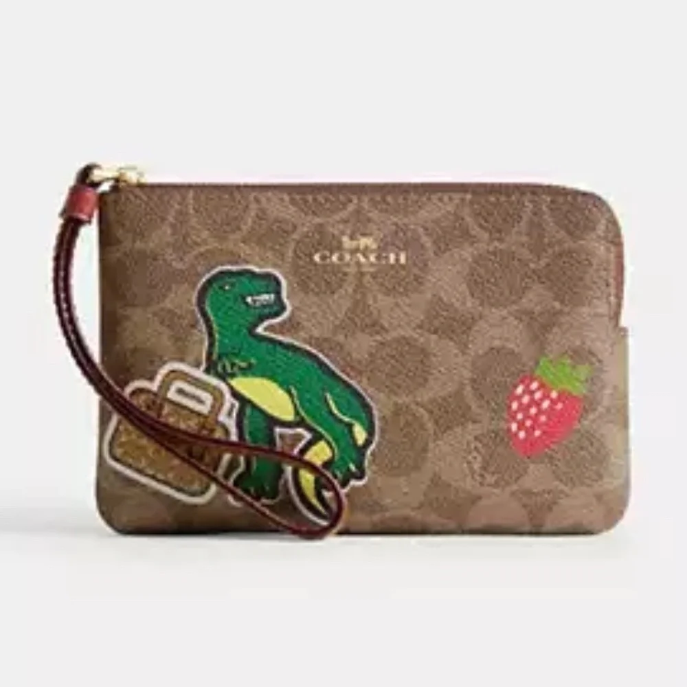 Corner Zip Wristlet In Signature Canvas With Rexy Sticker Print NWT